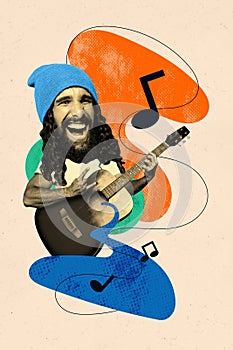 Vertical photo collage of happy guy performer hold guitar concert note rocker sign melody song play string isolated on