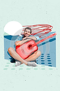 Vertical photo collage of happy guy sit hold guitar dream text box instrument rehearsal solo performer bubble isolated
