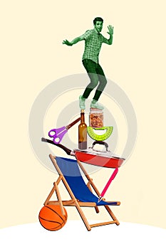 Vertical photo collage of happy guy stand pile things balance saucepan lounger bottle scissors macaroni jar isolated on