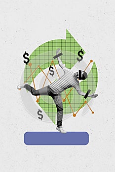 Vertical photo collage of happy man lie handcuffs anonym arrows graph trader dollar sign currency wealth isolated on