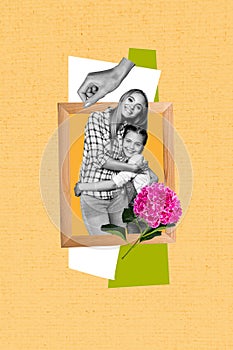 Vertical photo collage of happy mom daughter hug together frame picture memory hydrangea flower holiday  on