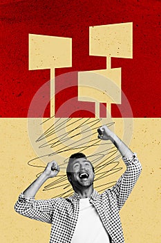 Vertical photo collage of happy scream guy show fist picket election demonstration rebellion rights riot isolated on photo