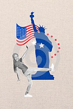 Vertical photo collage of happy teenage blonde girl dance statue liberty usa flag patriotism democracy isolated on