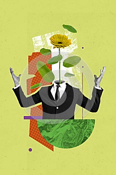 Vertical photo collage of headless man plant gerbera flower spring fantasy atmosphere businessman suit tie isolated on