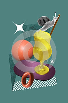 Vertical photo collage image crawling snail caricature glass cocktail leisure vacation drink beverage drawing background