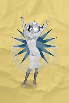 Vertical photo collage of joy girl instead head wear dress shiny disco ball party relax club retro occasion isolated on