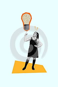 Vertical photo collage of little smart school girl black white effect point at big light bulb concept of idea