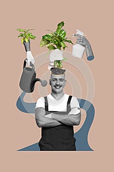 Vertical photo collage of man instead head ground plant hand gloves hold water can spray garden equipment isolated on