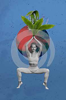 Vertical photo collage of minded calm girl do stretching practice retreat relax trance bloom flower bud isolated on