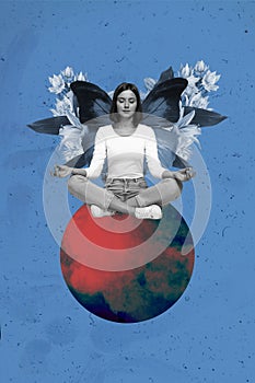 Vertical photo collage of minded calm girl meditating yoga practice retreat butterfly fairy wings flower isolated on