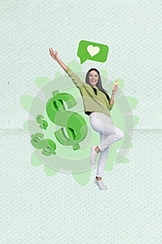 Vertical photo collage of overjoyed ecstatic girl hold smartphone get income from blogging social media  pained