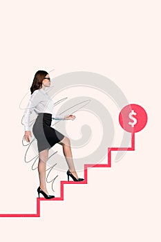 Vertical photo collage of serious businesswoman climb career ladder earn money dollar emblem rich profit isolated on