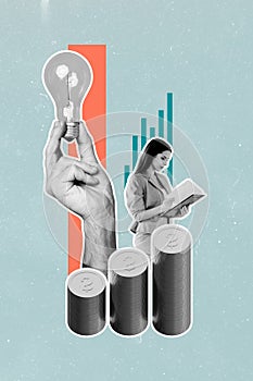 Vertical photo collage of serious businesswoman read paper clipboard hand hold light bulb idea thought graph isolated on