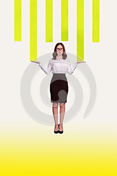 Vertical photo collage of serious businesswoman wear stylish formal clothes hold chart upside down leader isolated on