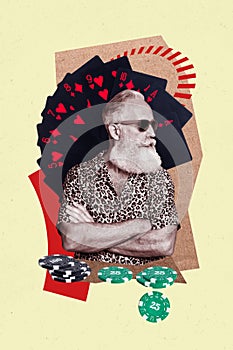 Vertical photo collage of serious old man wear stylish sunglass leopard shirt gambling poker game chip cards isolated on