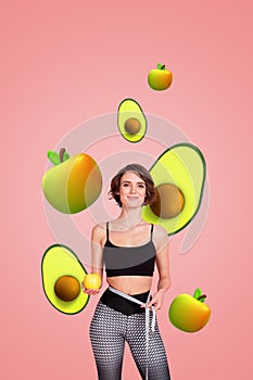 Vertical photo collage standing young fit sportive girl hold apple fruit slimming bodycare shaping figure exercise