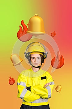 Vertical photo collage standing young girl firewoman life rescuer emergency fighter equipment urgency dancer burning