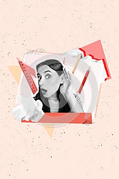 Vertical photo collage of surprised funny lady listen ear neighbors rumors gossip ruler notepad pencil pen  on