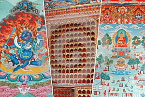 Vertical photo collage of tibetian icon tanka and library