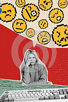 Vertical photo collage of upset serious office worker woman sit computer keyboard tool emoji mood business  on