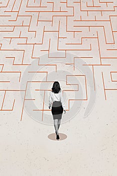 Vertical photo collage of young businesswoman walk maze career promotion difficult path riddle labyrinth isolated on