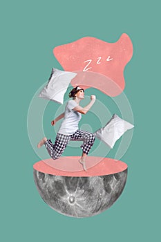 Vertical photo collage of young funny woman jumping running fast energy motivation good morning half moon oversleep