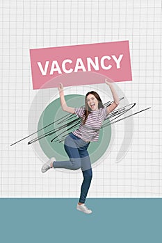 Vertical photo collage of young girl unemployed look vacancy table inscription headhunter resume interview isolated on