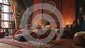Vertical photo of comfort apartment in bohemian style interior with hygge bedroom. Generative Ai