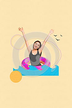 Vertical photo creative collage of young carefree girl raised hands up swimming pool ocean inflatable circle isolated on