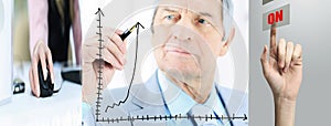 Vertical photo.an elderly businessman drawing a financial schedule.business concept