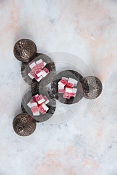 Vertical photo of Fresh jellies on crockery over white background