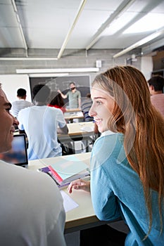 Vertical photo of a girl. The teacher explains the lesson on the blackboard in the background. High school