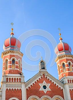 Vertical photo of the Great Synagogue in Plzen, Czech Republic. The second-largest synagogue in Europe. Detail of facade of the