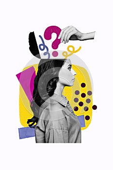 Vertical photo image collage young girl half head opened mind brainstorming question mark dilemma think solve dilemma