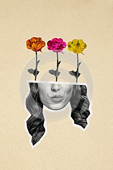 Vertical photo image collage young lady face fragment half head flowers blossom october foliage leaves daisy bloom