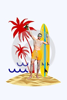 Vertical photo image collage young naked man swimwear shorts vacation beer bottles tropical resort palms beach seaside