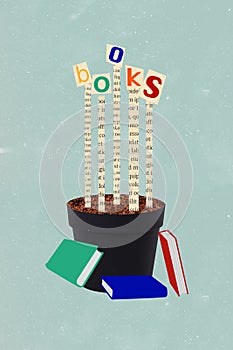 Vertical photo minimal collage of flower pot growing letters read books concept more useful knowledge information