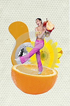 Vertical photo picture illustration collage of young girl dancing holding bite apple orange fruit slice juice isolated