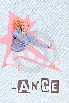 Vertical photo poster collage of funky jumping careless woman have fun dance party discotheque have fun isolated on