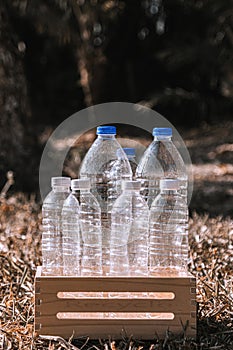 Vertical Photo Several plastic water bottles are placed in a wooden crate for recycling on dry grass in a natural forest