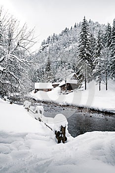Vertical photo of snow covered and frozen wooden cabins in the middle of mountain forest with stream on background in winter.