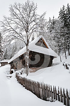 Vertical photo of snow covered and frozen wooden cabins in the middle of mountain forest with stream on background in winter.