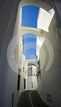 Vertical pictura of a narrow white alley of the old quarter of Arcos de la Frontera, Cadiz, Andalusia, Spain photo