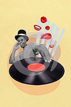 Vertical picture collage of handsome man wear hipster hat smiling playing music dj vinyl plate isolated on yellow color