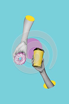 Vertical picture collage human hands 3d body fragments cup coffee drink order sweet pastry donut delicious calories food