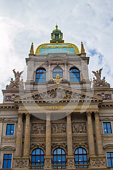 Vertical picture of the facade of the Historical or Main Building of the National Museum of Prague NM, NÃ¡rodnÃ­ muzeum in