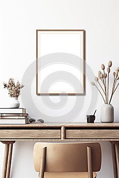 Vertical picture frame with passe-partout mockup in home interior, blank copyspace, light tones, artwork mock-up. Generative AI photo