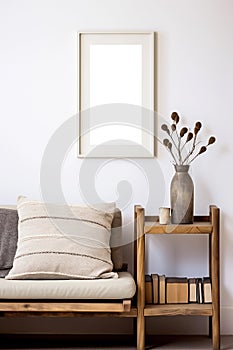 Vertical picture frame with passe-partout mockup in living room interior, blank copyspace, light tones, wall art mock-up. photo