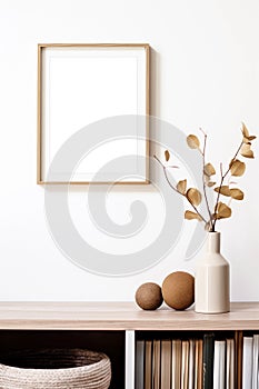 Vertical picture frame with passe-partout mockup in minimalistic interior, blank copyspace, light tones, banner mock-up. photo