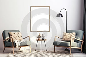 Vertical picture frame with passe-partout mockup in modern home interior, blank copyspace, light tones, wall art mock-up. photo